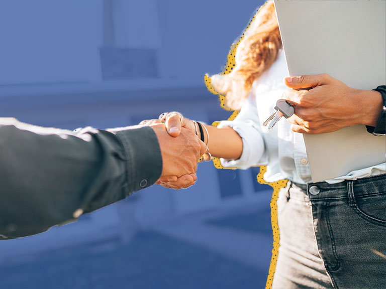 Two people shaking hands; holding keys; house in background