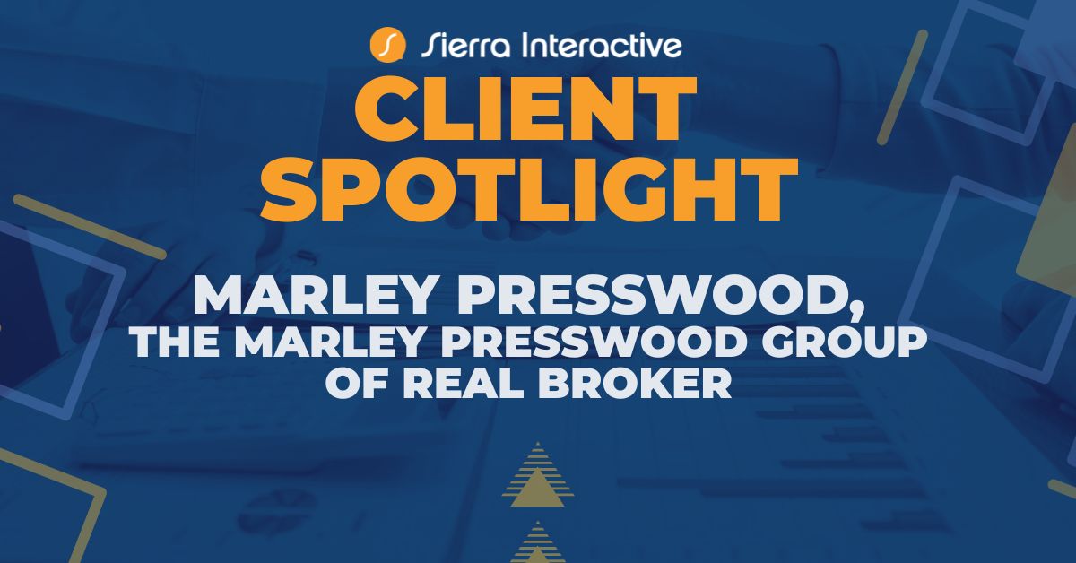 Client Spotlight graphic featuring Charleston real estate agent Marley Presswood of The Marley Presswood Group discussing SEO, content marketing, and CRM strategy.