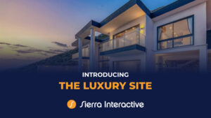 Modern luxury home with large windows at sunset promoting Sierra Interactive Luxury real estate website