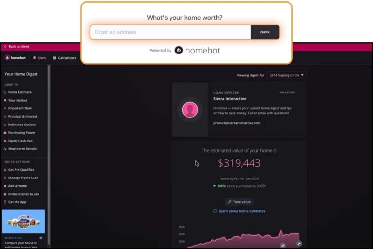 Homebot dashboard showing a homeowner’s property value estimate, equity growth, and personalized home digest insights.