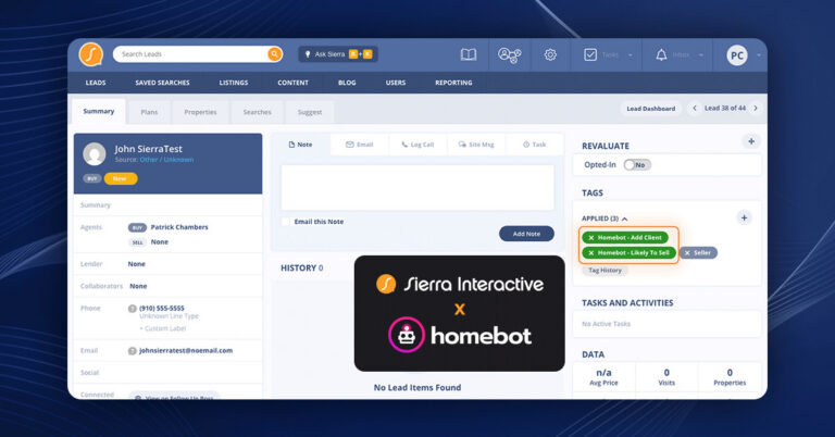 Sierra Interactive CRM lead profile displaying Homebot tags applied to a contact, highlighting integration features within the dashboard.