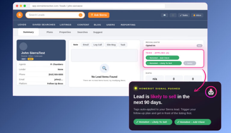 Sierra Interactive CRM showing Homebot “likely to sell” tag automatically applied to a lead based on engagement signals.