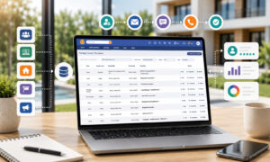 A step-by-step real estate CRM setup process showing data migration, lead source connections, routing rules, and automated follow-up