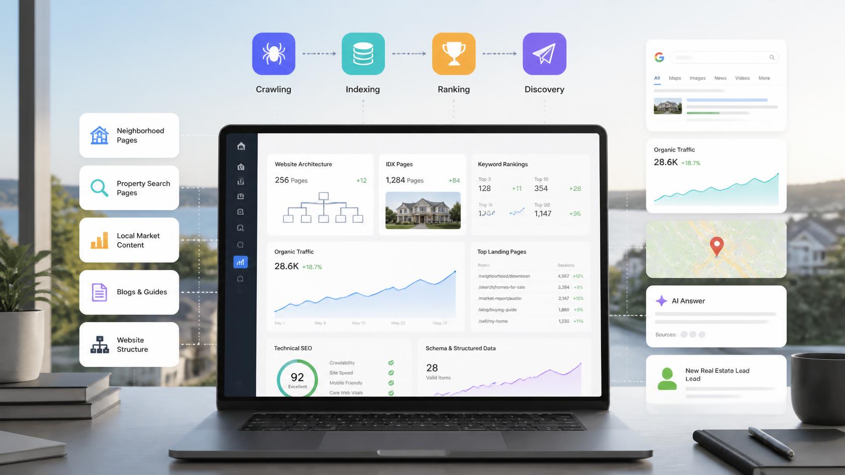 Real estate SEO dashboard showing website architecture, IDX optimization, keyword rankings, organic traffic growth and AI search visibility on Sierra Interactive.