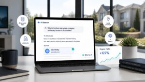 Laptop displaying an AI search result citing a real estate website based on structured data, local content and website optimization.
