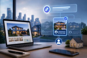 AI highlights a five-star agent listing beside a laptop showing a property page