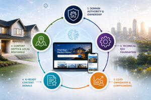 Five pillars of AI search authority around a real estate website on laptop and phone