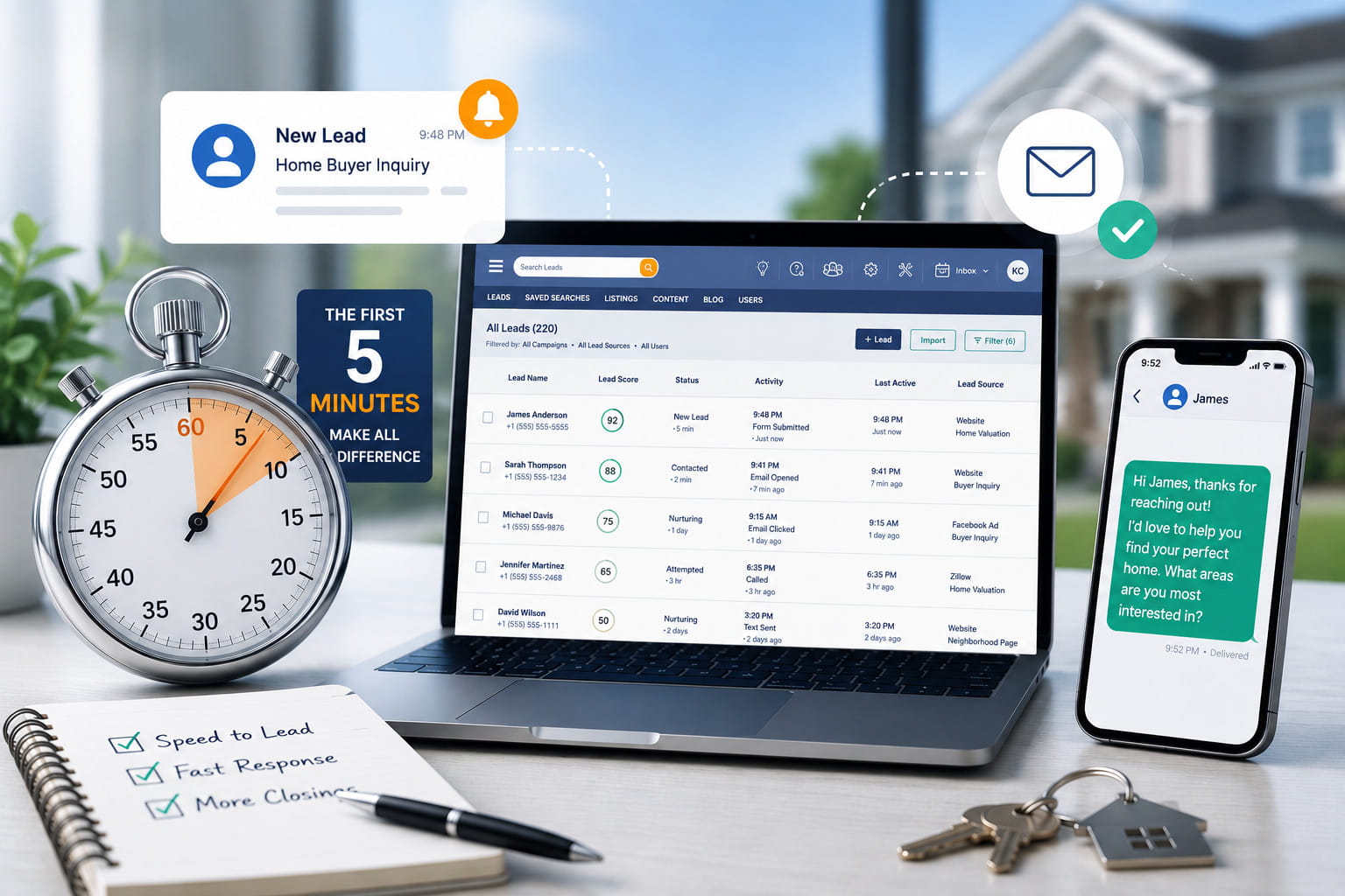 A clock beside a real estate lead notification, illustrating the five-minute window for responding to a new online lead