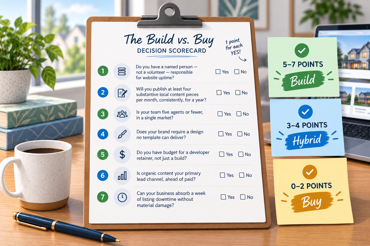 A build vs buy decision scorecard to determine if your real estate teams should build their real estate website, buy it, or implement a hybrid of both.