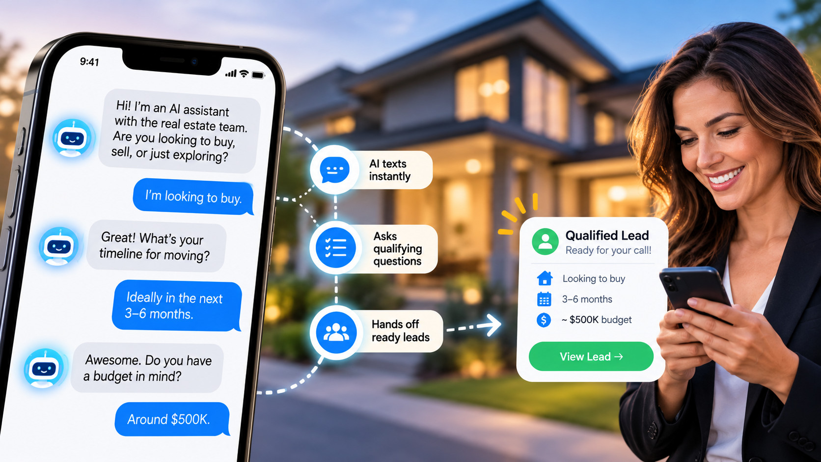 AI assistant texts a new real estate lead about timeline and budget, then flags the qualified buyer for an agent to call