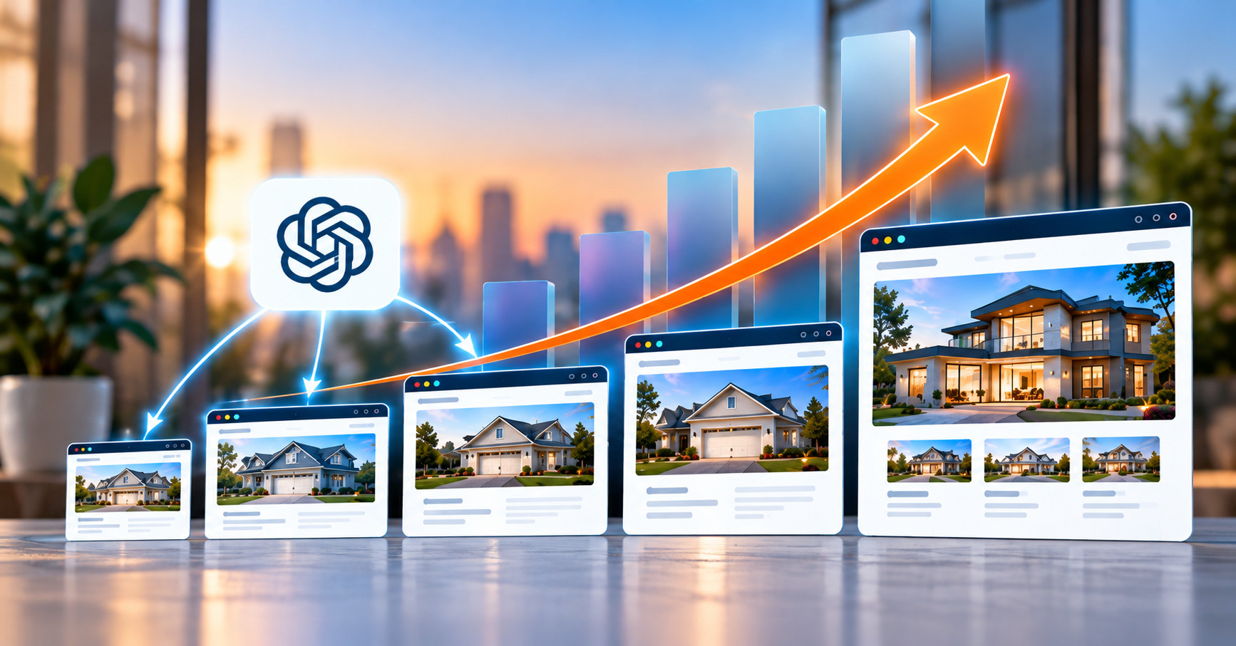 Row of real estate websites growing from small to large, with ChatGPT connected to the smaller sites and an orange arrow rising across them