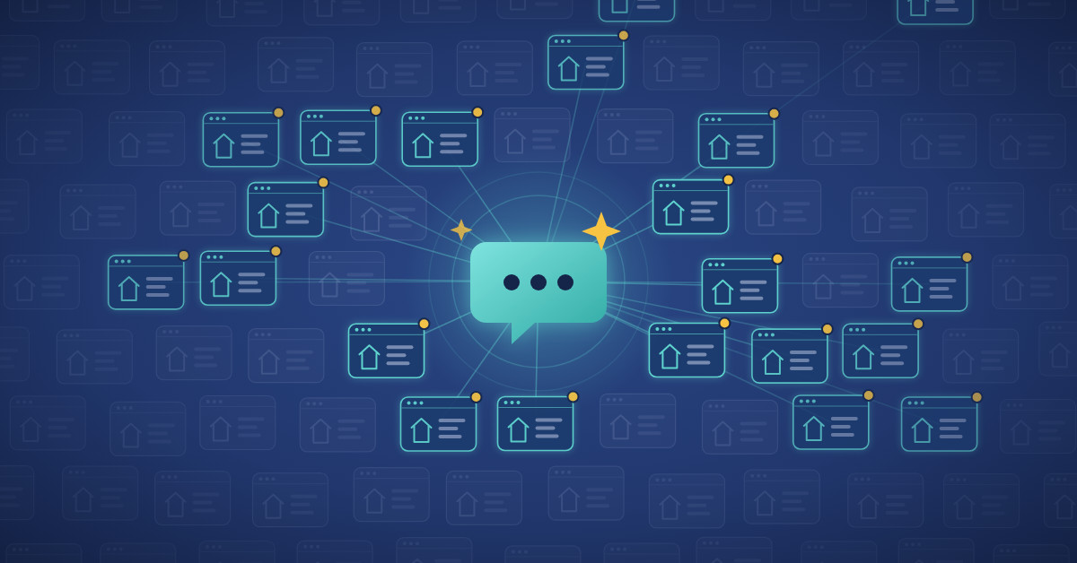 Illustration of an AI chat bubble connected to a growing network of real estate websites, representing more websites generating leads from ChatGPT