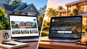 Split-screen comparison: a generic WordPress real estate site with IDX listing search beside a custom-branded real estate team website